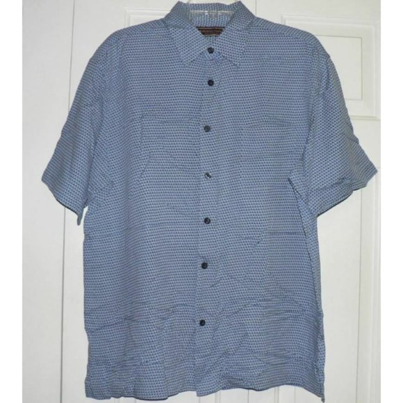 Patrick James Geometric Print Short Sleeve Silk Blend Shirt Blue Medium $168 - Picture 1 of 4